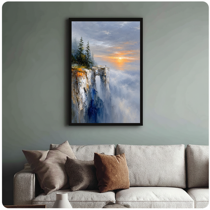 Framed golden cliff sunrise canvas above a neutral sofa with cushions against a muted wall.