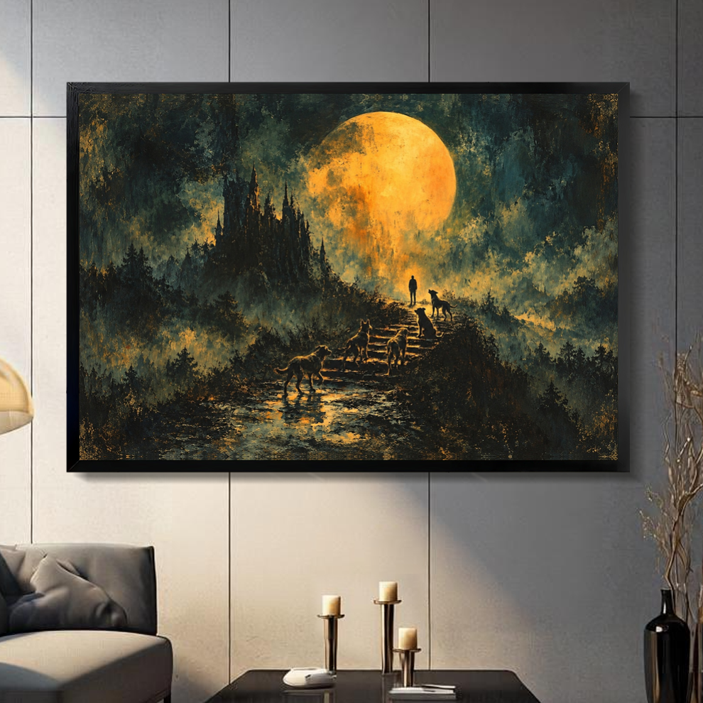 Black framed golden moon wolves stairway canvas on a dark paneled wall beside warm candles.