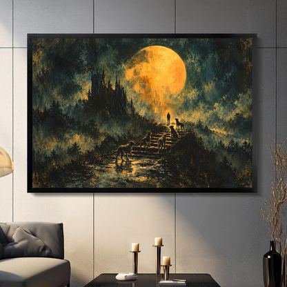 Black framed golden moon wolves stairway canvas on a dark paneled wall beside warm candles.