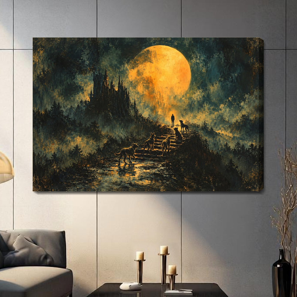 Stretched golden moon wolves stairway canvas with a shaded wrapped edge in the selected room setting.