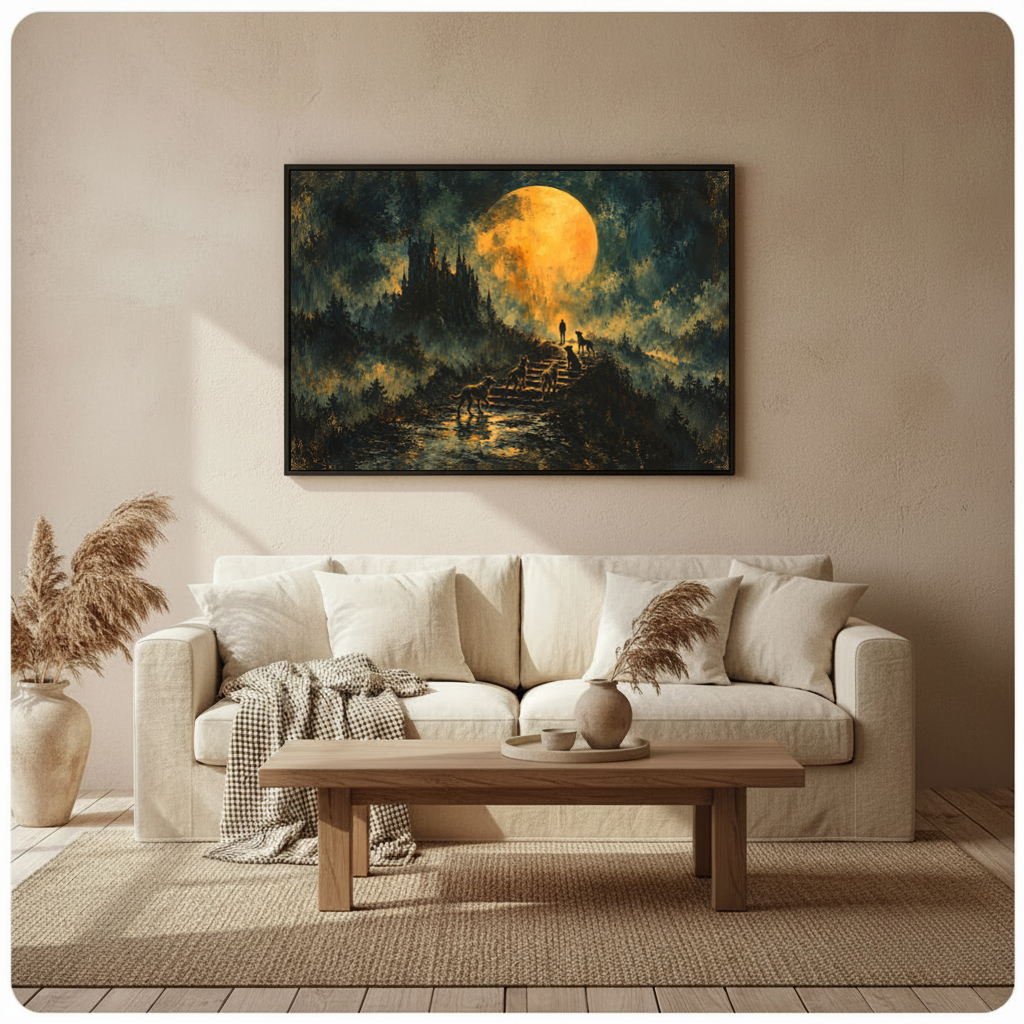 Framed golden moon wolves stairway canvas above a neutral sofa beside pampas grass and a coffee table.