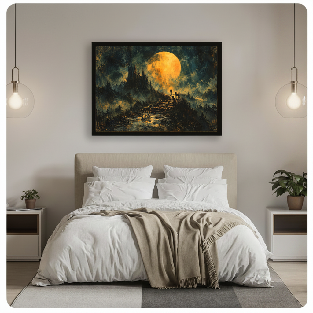 Framed golden moon wolves stairway canvas above a gray bed between hanging pendant lamps in a neutral bedroom.