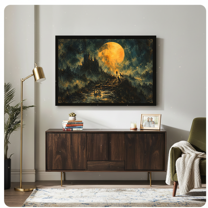 Framed golden moon wolves stairway canvas above a wooden sideboard beside books and an angled brass lamp.