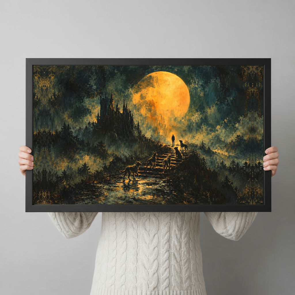 Framed golden moon wolves stairway canvas held horizontally by a person wearing a cream sweater against a light background.