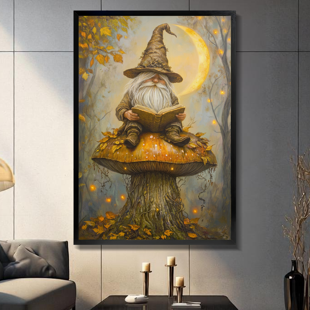 Black framed gnome reading on mushroom canvas on a dark paneled wall beside warm candles.