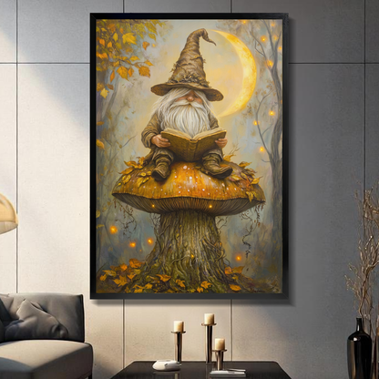 Black framed gnome reading on mushroom canvas on a dark paneled wall beside warm candles.