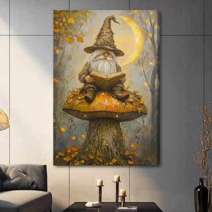 Stretched gnome reading on mushroom canvas with a shaded wrapped edge in the selected room setting.