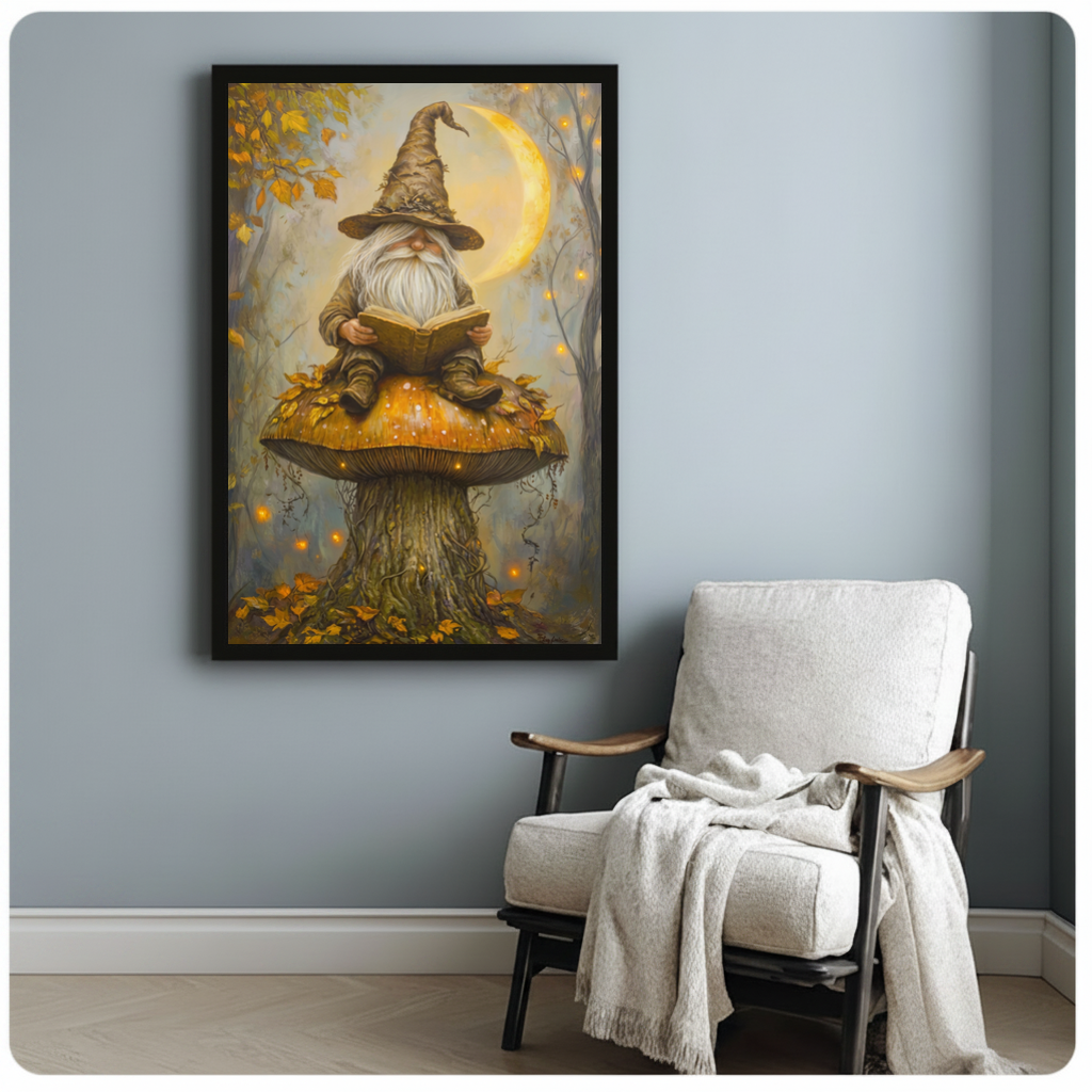 Framed gnome reading on mushroom canvas beside a pale reading chair on a blue gray wall.