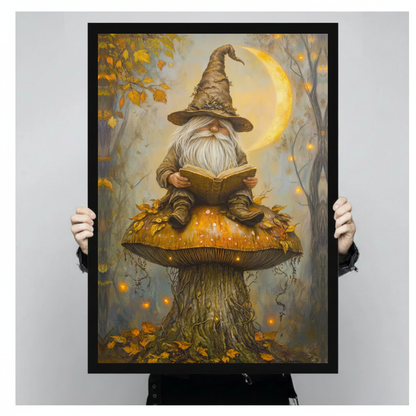 Framed gnome reading on mushroom canvas held by a person against a light neutral background.