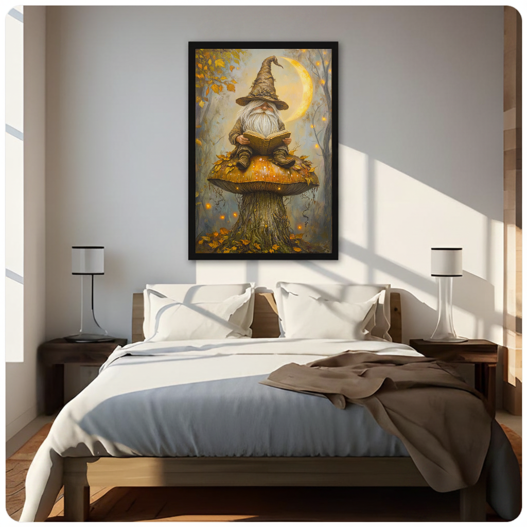 Framed gnome reading on mushroom canvas above a neutral bed beside soft bedroom lighting and lamps.