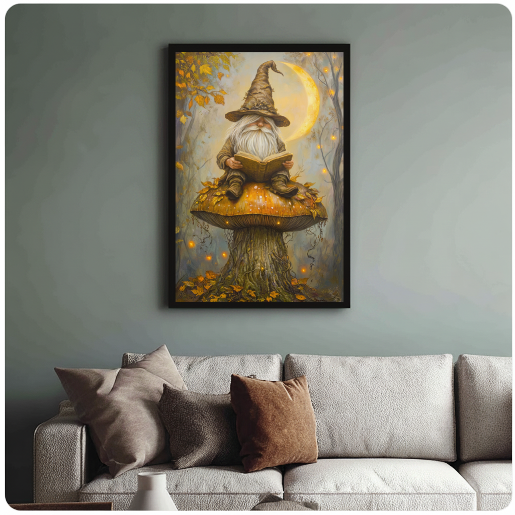 Framed gnome reading on mushroom canvas above a neutral sofa with cushions against a muted wall.