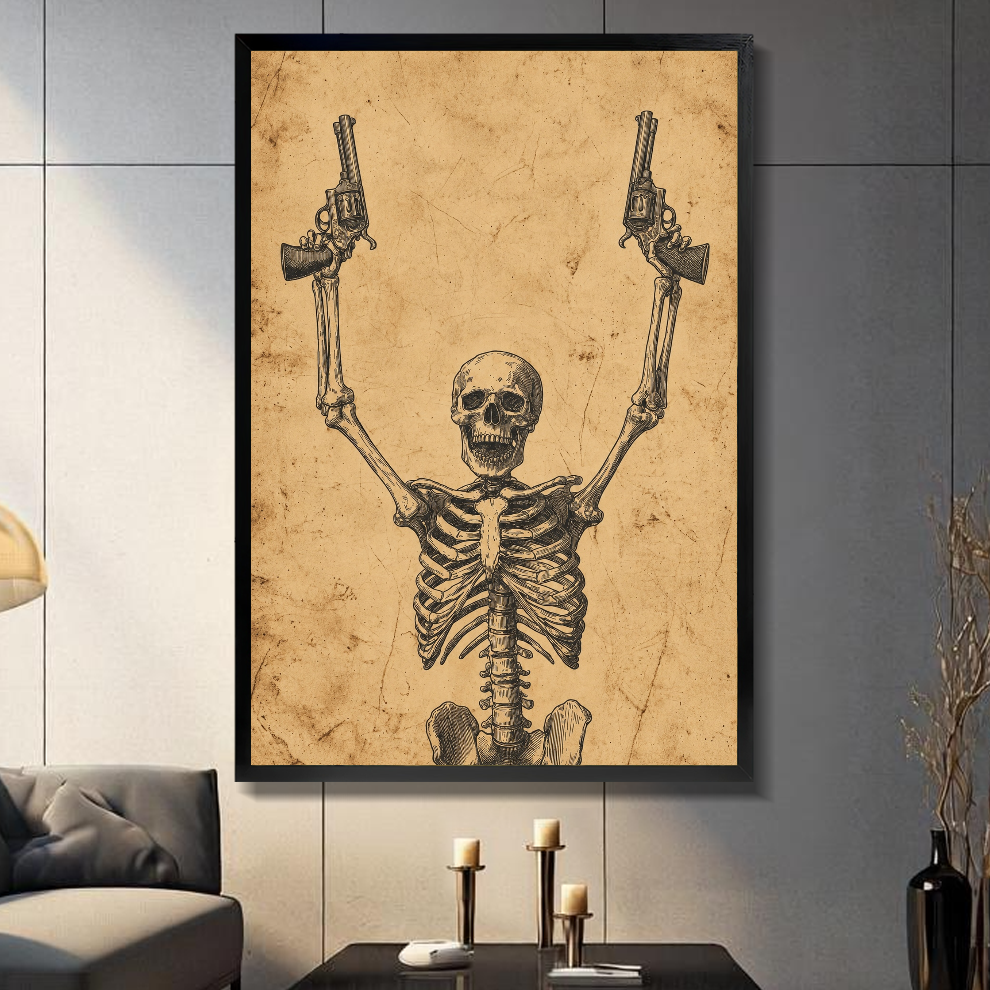 Black framed skeleton with revolvers canvas on a dark paneled wall beside warm candles.