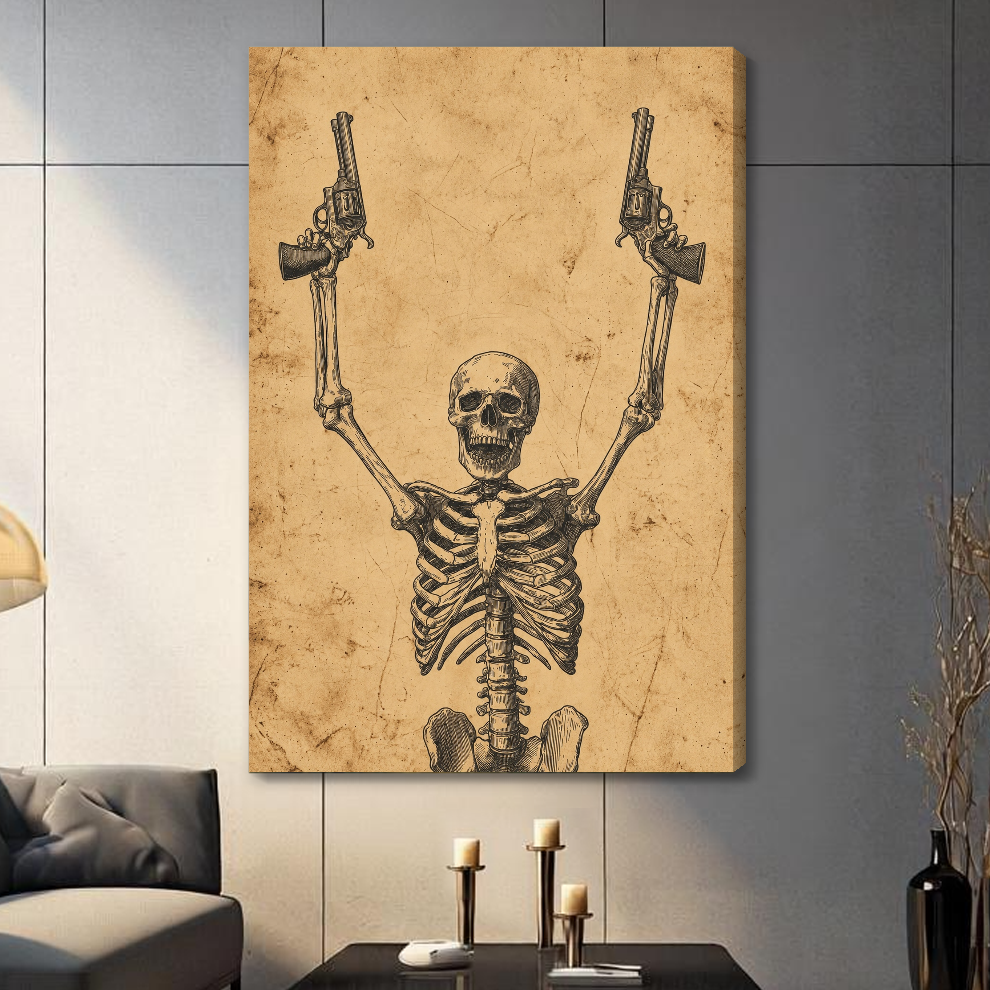 Stretched skeleton with revolvers canvas with a shaded wrapped edge in the selected room setting.