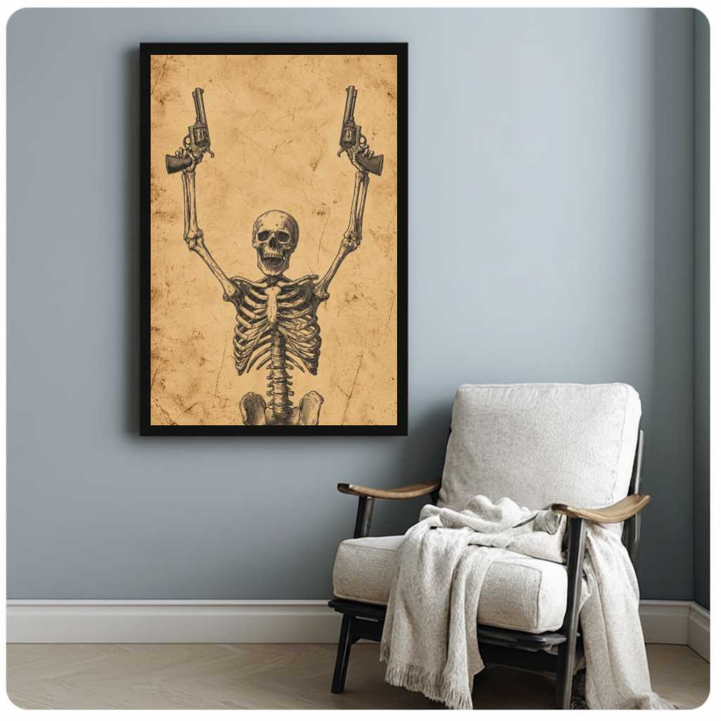 Framed skeleton with revolvers canvas beside a pale reading chair on a blue gray wall.