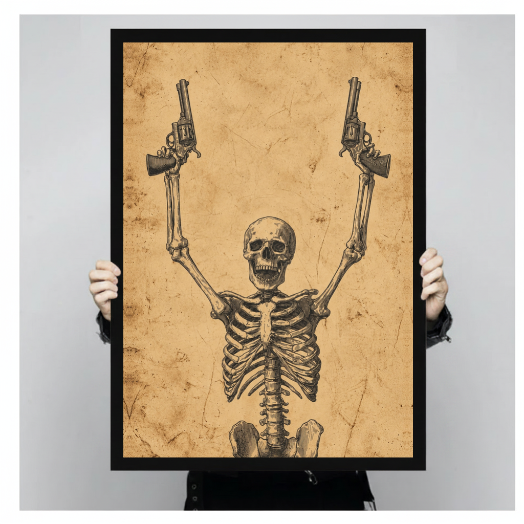 Framed skeleton with revolvers canvas held by a person against a light neutral background.