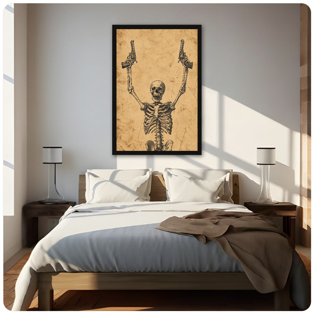 Framed skeleton with revolvers canvas above a neutral bed beside soft bedroom lighting and lamps.