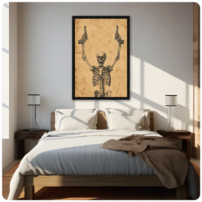 Framed skeleton with revolvers canvas above a neutral bed beside soft bedroom lighting and lamps.