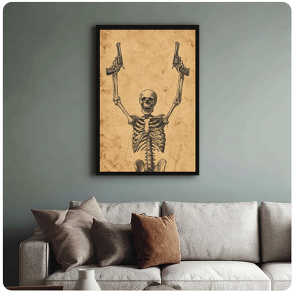 Framed skeleton with revolvers canvas above a neutral sofa with cushions against a muted wall.
