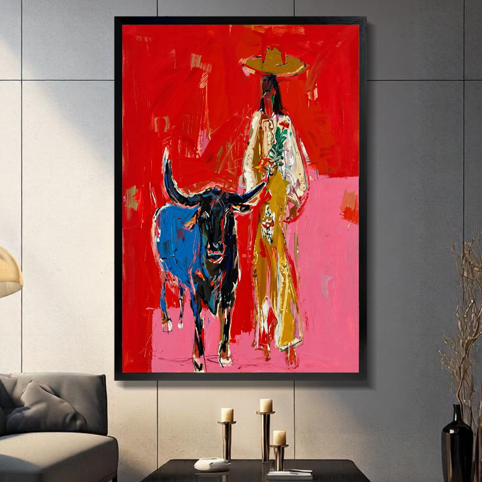 Black framed red cowboy and bull canvas on a dark paneled wall beside warm candles.