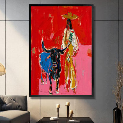 Black framed red cowboy and bull canvas on a dark paneled wall beside warm candles.