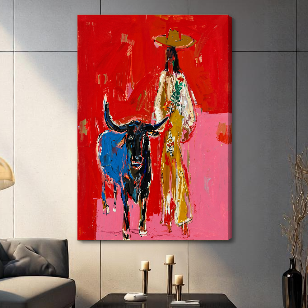Stretched red cowboy and bull canvas with a shaded wrapped edge in the selected room setting.