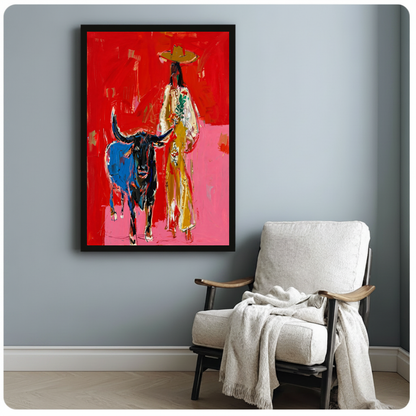 Framed red cowboy and bull canvas beside a pale reading chair on a blue gray wall.