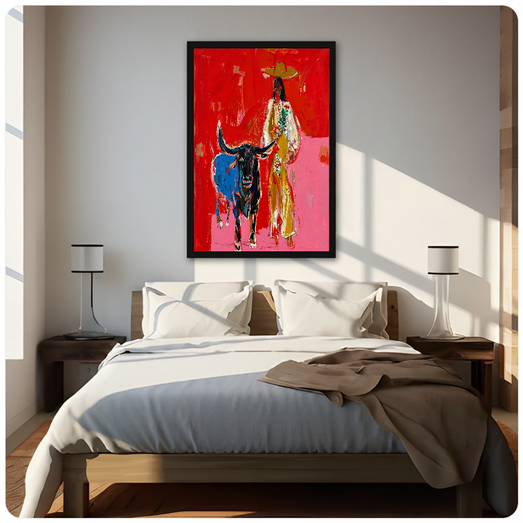 Framed red cowboy and bull canvas above a neutral bed beside soft bedroom lighting and lamps.