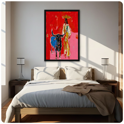 Framed red cowboy and bull canvas above a neutral bed beside soft bedroom lighting and lamps.