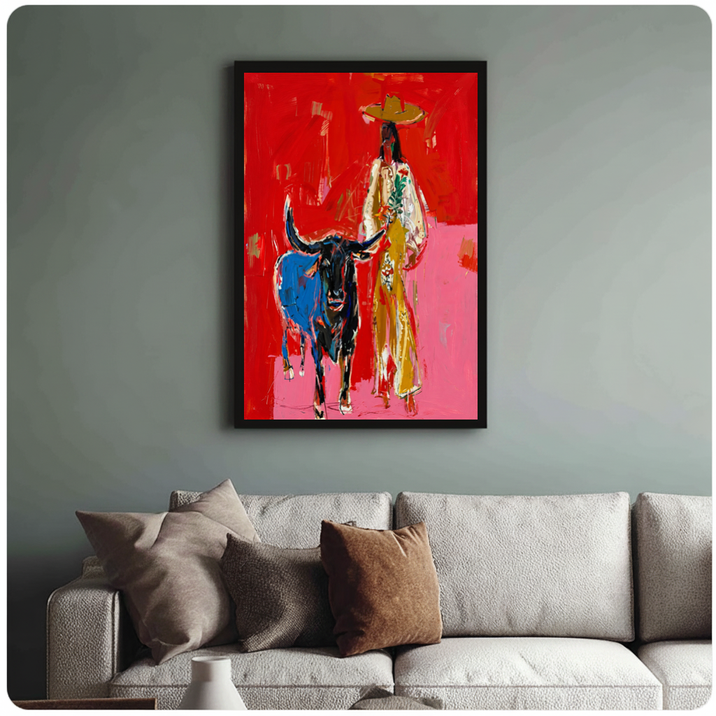 Framed red cowboy and bull canvas above a neutral sofa with cushions against a muted wall.