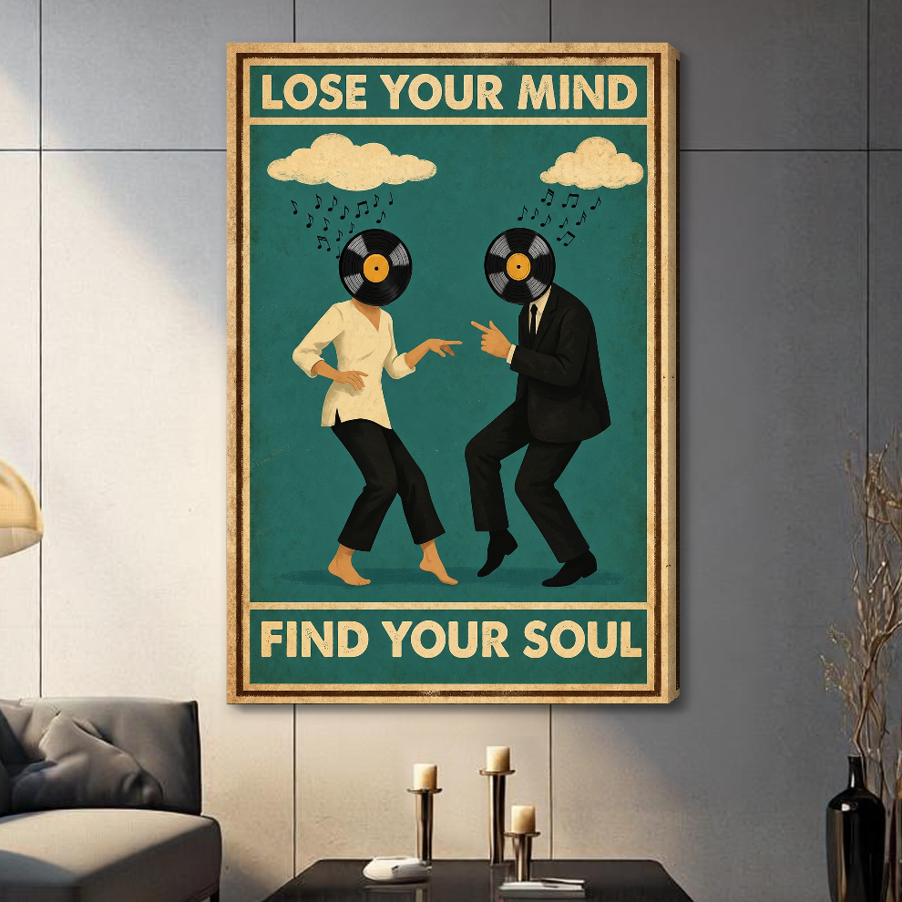 Stretched vinyl head dancing couple canvas with a shaded wrapped edge in the selected room setting.