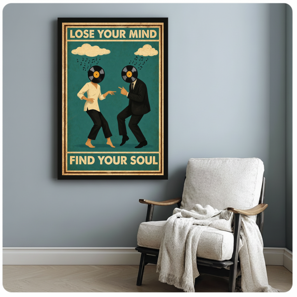 Framed vinyl head dancing couple canvas beside a pale reading chair on a blue gray wall.