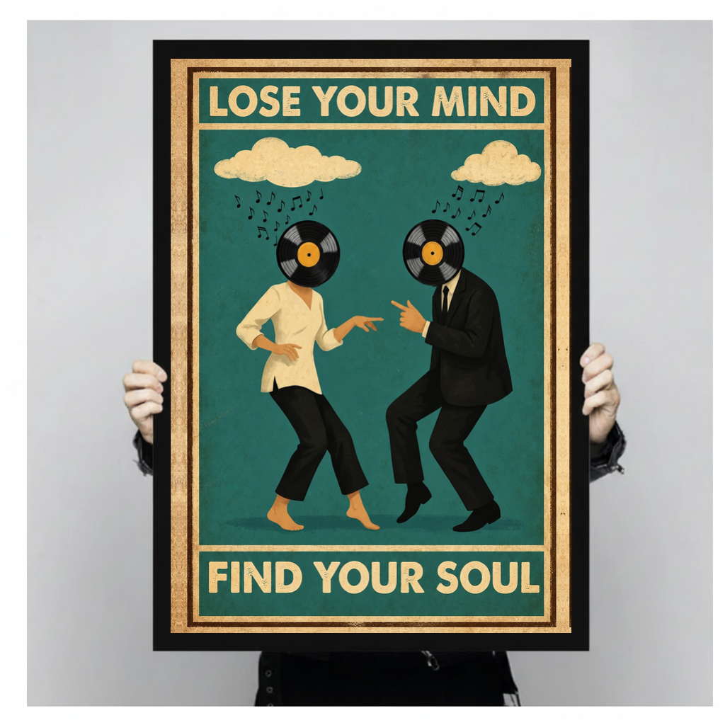 Framed vinyl head dancing couple canvas held by a person against a light neutral background.