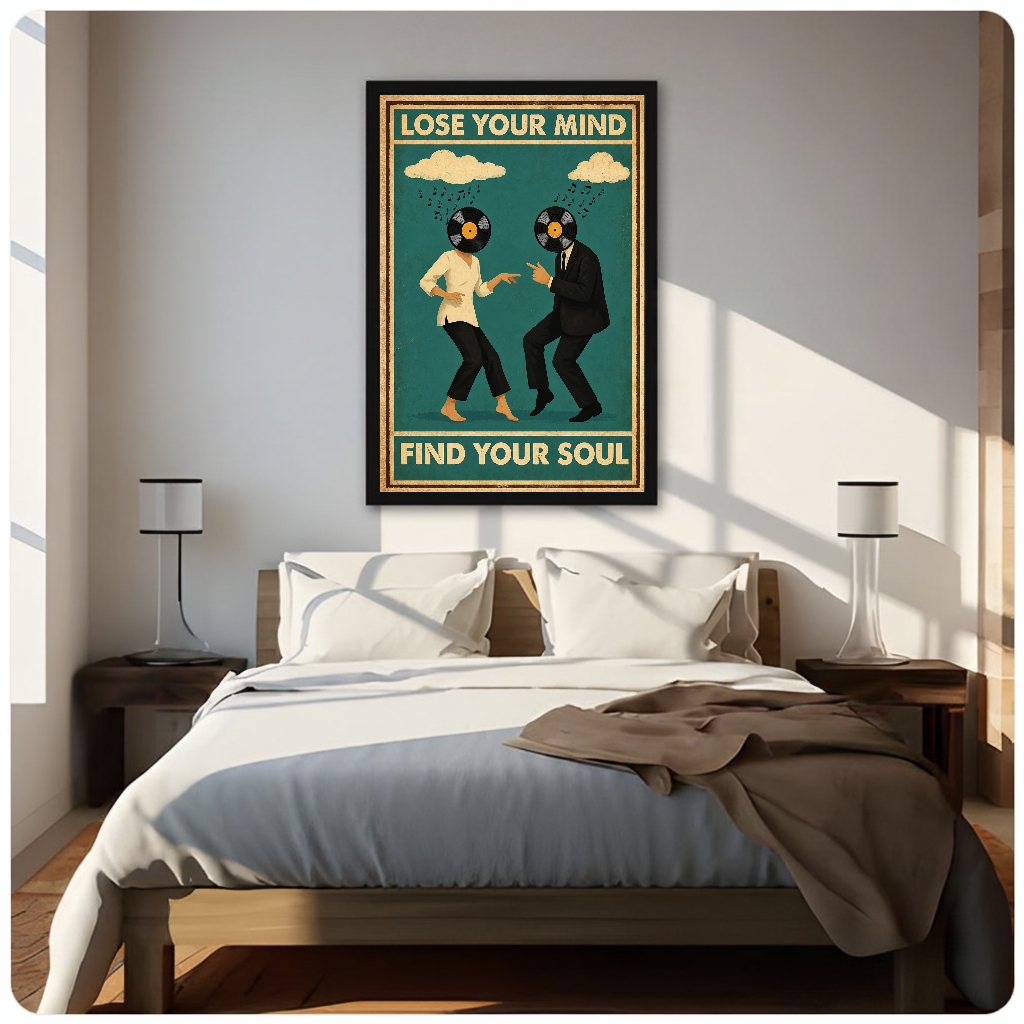 Framed vinyl head dancing couple canvas above a neutral bed beside soft bedroom lighting and lamps.