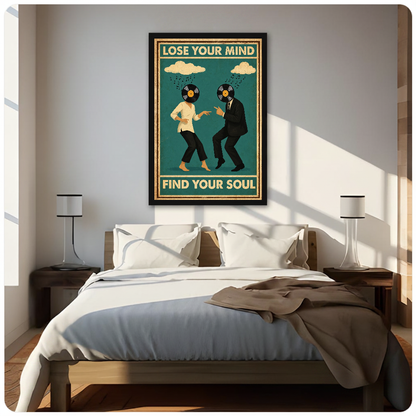 Framed vinyl head dancing couple canvas above a neutral bed beside soft bedroom lighting and lamps.