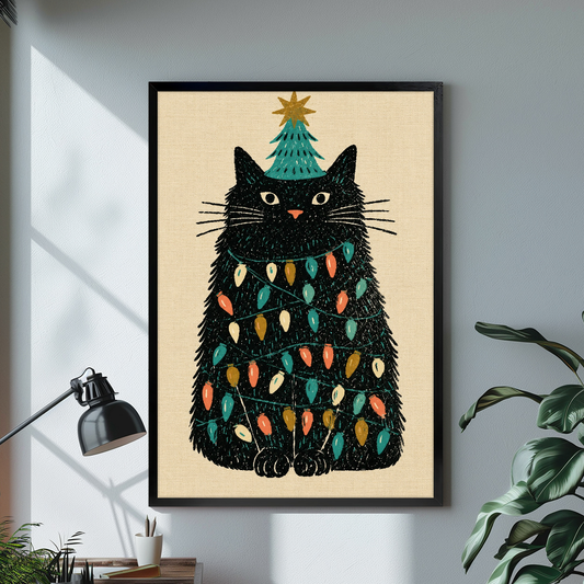 Black framed black cat christmas lights canvas on a pale wall above a desk and plant.