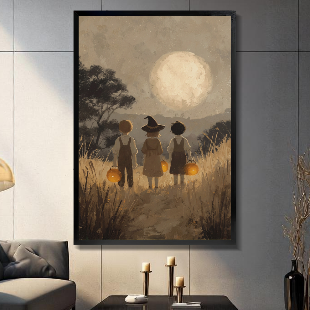 Black framed children carrying pumpkins canvas on a dark paneled wall beside warm candles.