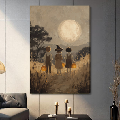 Stretched children carrying pumpkins canvas with a shaded wrapped edge in the selected room setting.