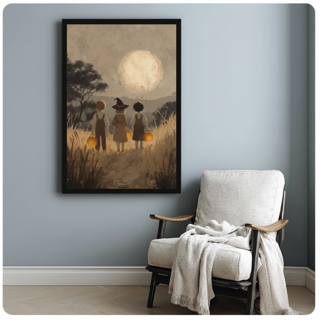 Framed children carrying pumpkins canvas beside a pale reading chair on a blue gray wall.