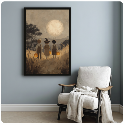 Framed children carrying pumpkins canvas beside a pale reading chair on a blue gray wall.