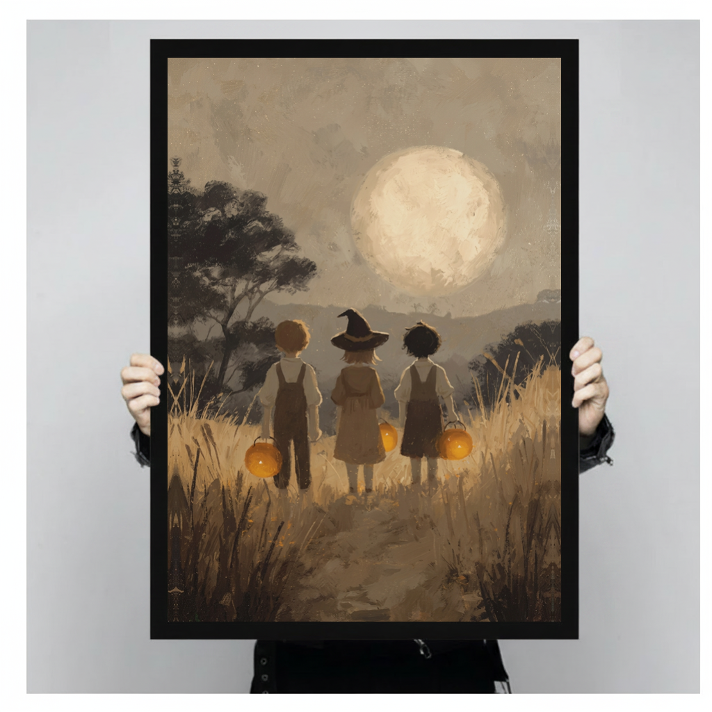 Framed children carrying pumpkins canvas held by a person against a light neutral background.
