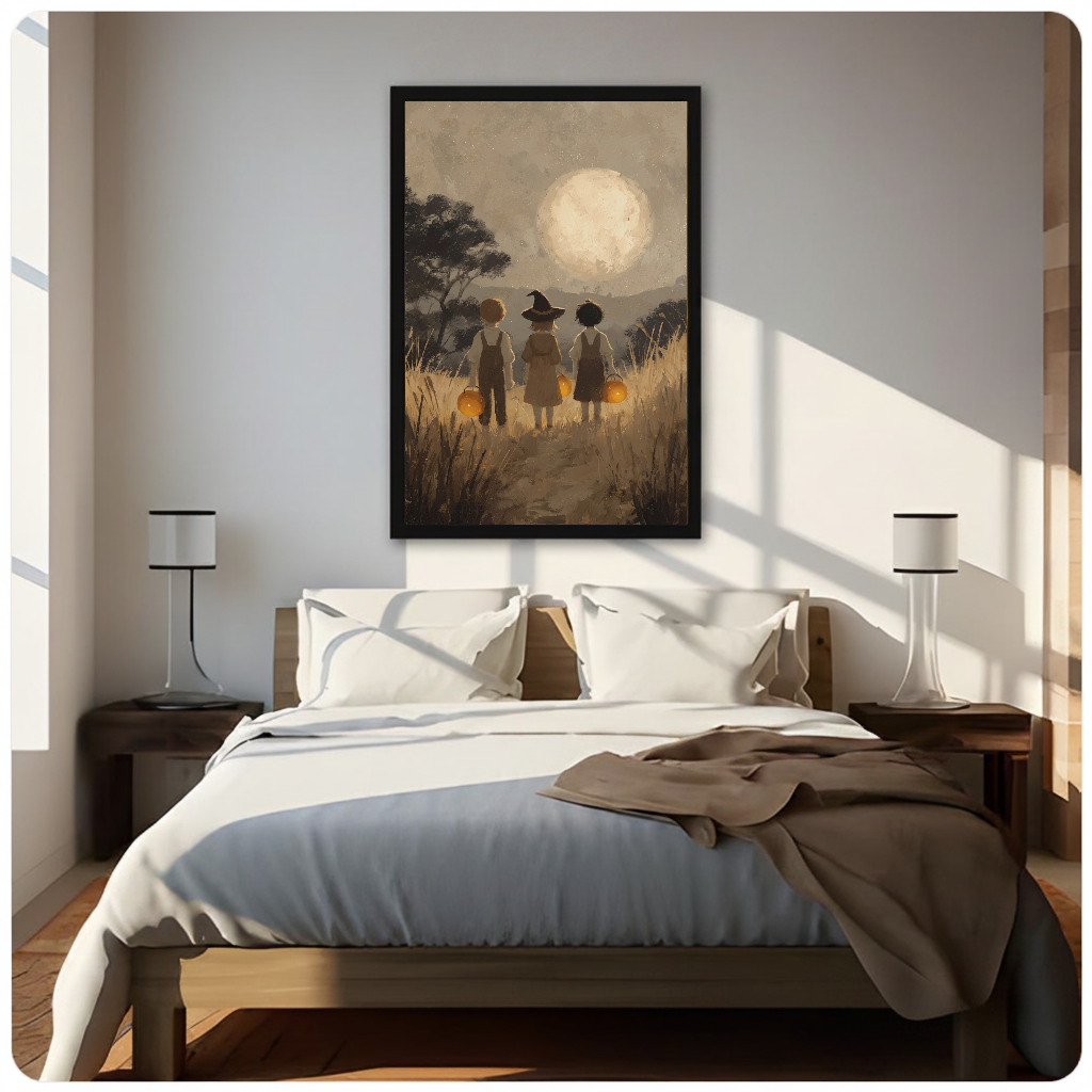 Framed children carrying pumpkins canvas above a neutral bed beside soft bedroom lighting and lamps.