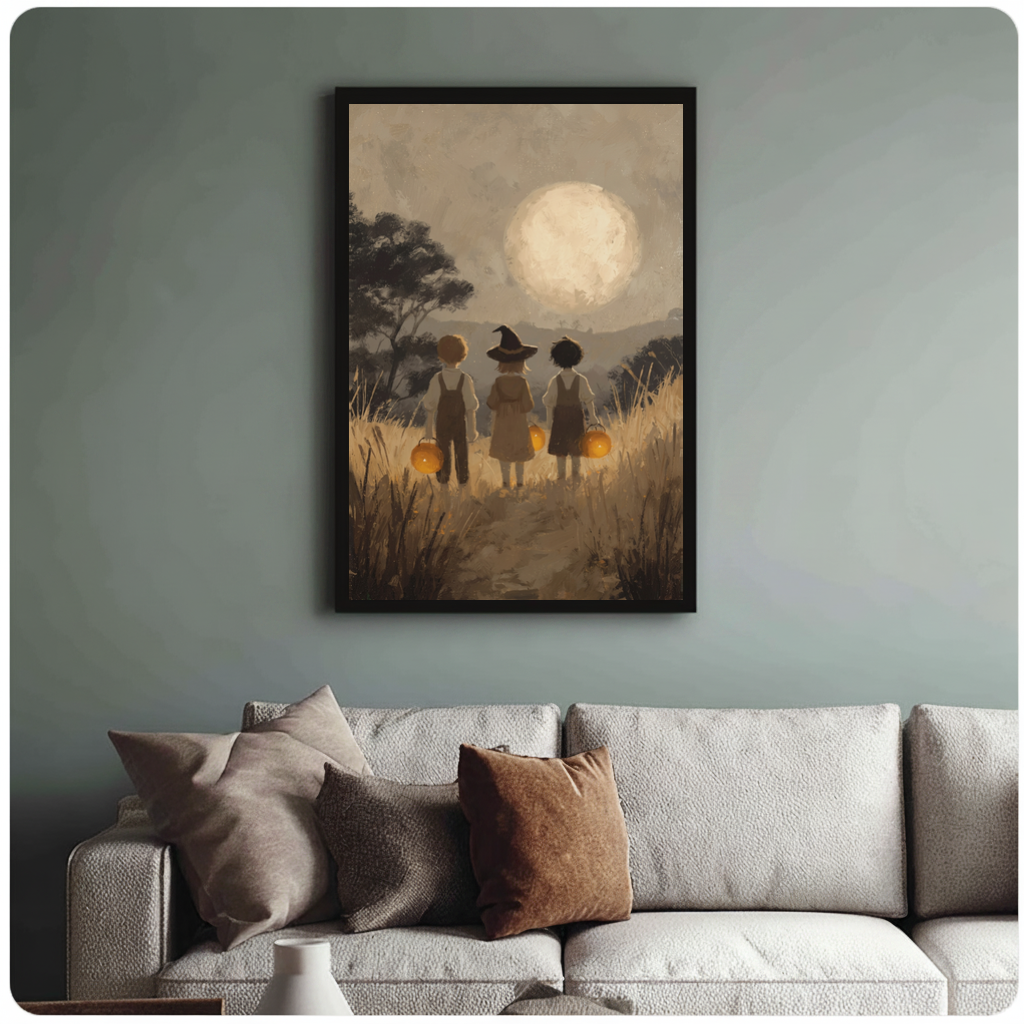 Framed children carrying pumpkins canvas above a neutral sofa with cushions against a muted wall.