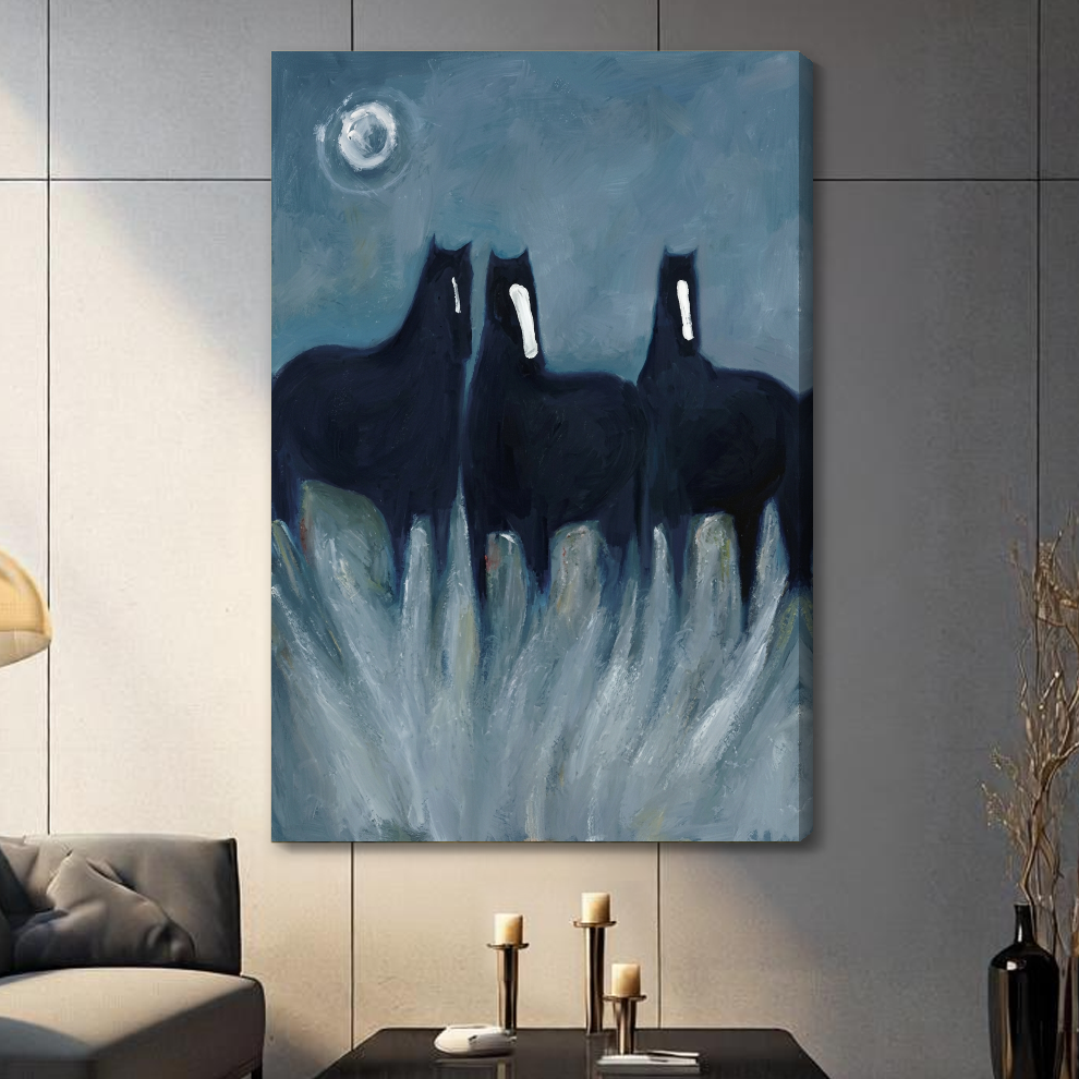 Stretched three ghostly black horses canvas with a shaded wrapped edge in the selected room setting.