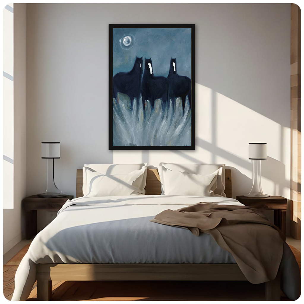 Framed three ghostly black horses canvas above a neutral bed beside soft bedroom lighting and lamps.