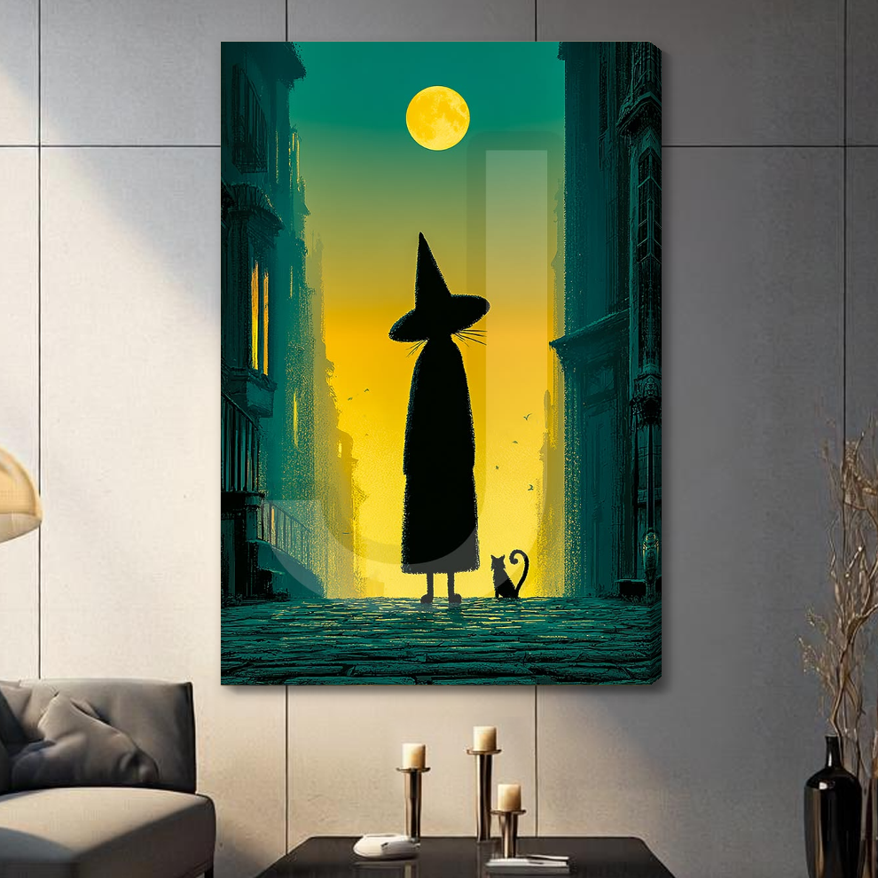 Stretched witch cat moonlit city canvas with a shaded wrapped edge in the selected room setting.