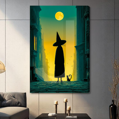 Stretched witch cat moonlit city canvas with a shaded wrapped edge in the selected room setting.