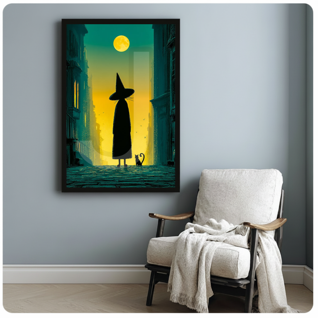 Framed witch cat moonlit city canvas beside a pale reading chair on a blue gray wall.
