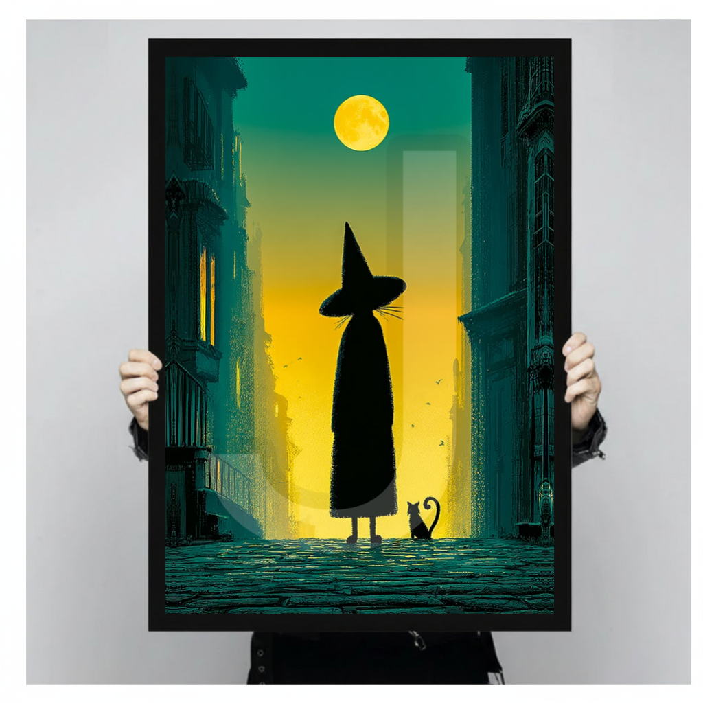 Framed witch cat moonlit city canvas held by a person against a light neutral background.