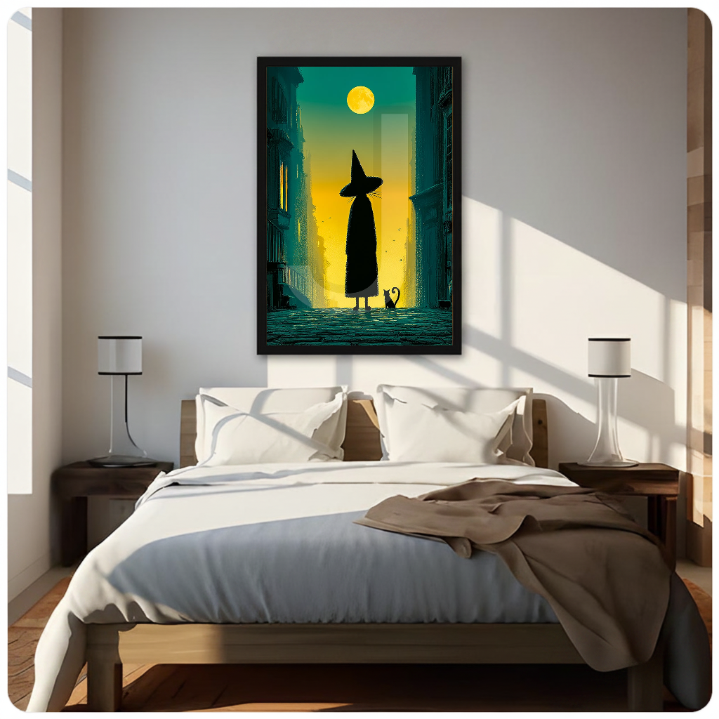 Framed witch cat moonlit city canvas above a neutral bed beside soft bedroom lighting and lamps.