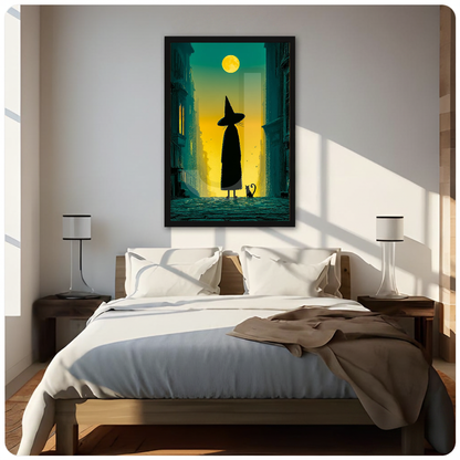 Framed witch cat moonlit city canvas above a neutral bed beside soft bedroom lighting and lamps.